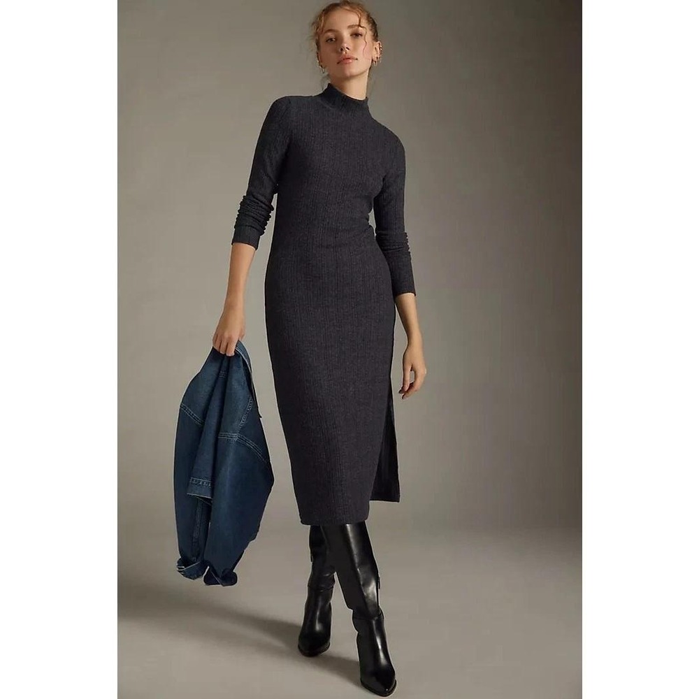 Daily Practice Women M Midi Dress Gray Ribbed Mock Neck Long Sleeve Quiet Luxury